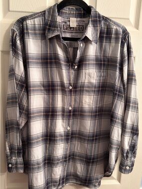Frayed Malibu + Calabasas Blue Plaid Button-Up Shirt w/ Chanel on Back in gold